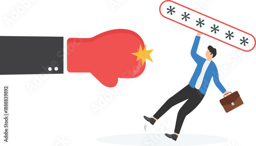 Digital Conflict Concept with Giant Boxing Glove Hitting Businessman Protecting Password