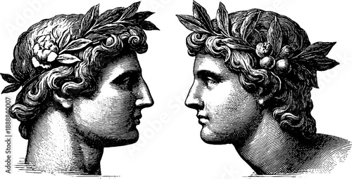 Classical laurel wreath busts in vintage botanical engraving style