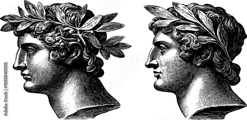 Classical bust with laurel wreath in vintage botanical style for art and decor