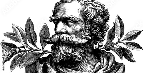 Vintage engraving of classical bust with botanical elements and missing nose fragment