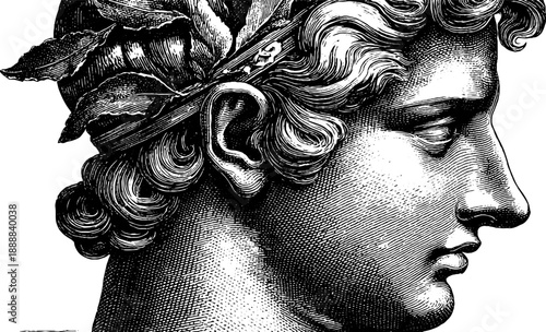 Classical bust with missing nose fragment in vintage botanical style