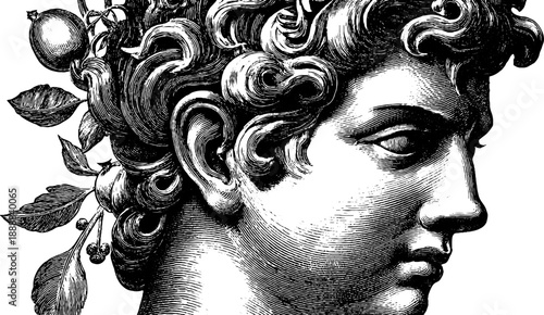 Classical bust with missing nose fragment and vintage botanical elements