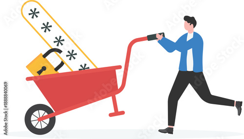 Data Management Concept with Businessman Pushing Wheelbarrow Full of Secure Passwords