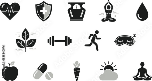Healthy Lifestyle Icons Set with Fitness and Wellness Symbols