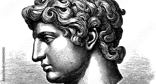 Classical bust with missing nose fragment and vintage botanical elements design for cards or posters