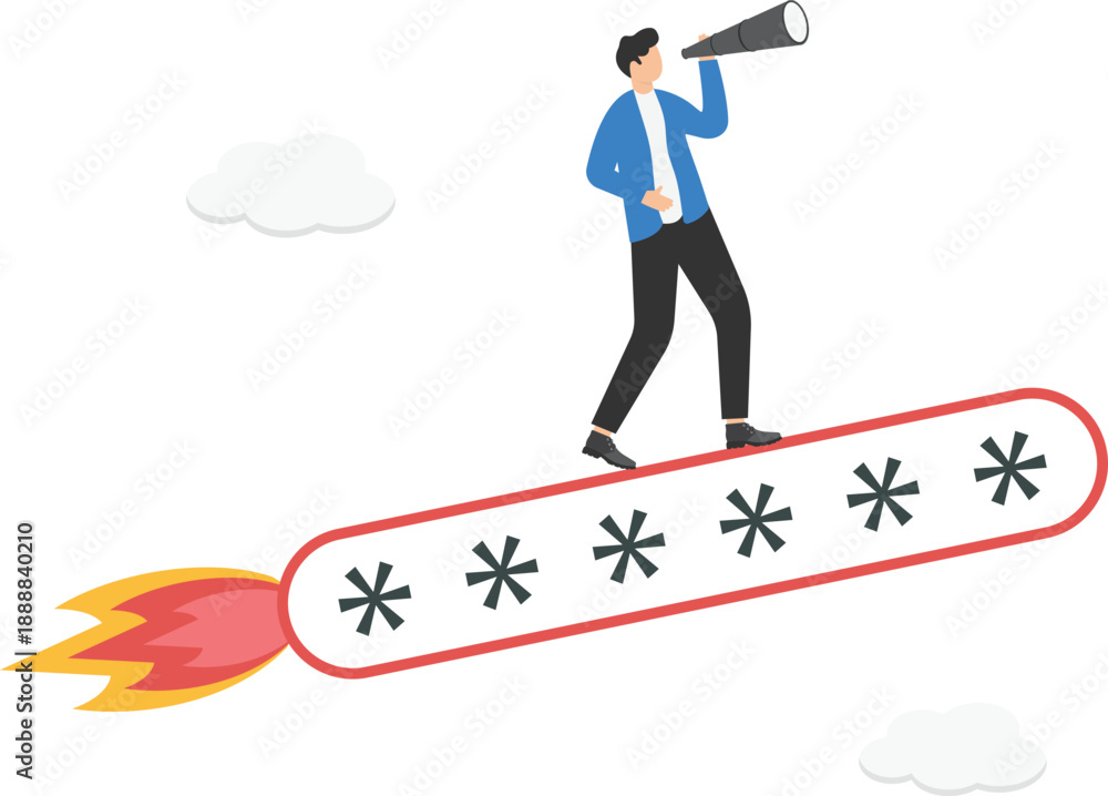 Obraz premium Strategic Future Vision Concept with Businessman Searching with Telescope on Password Rocket