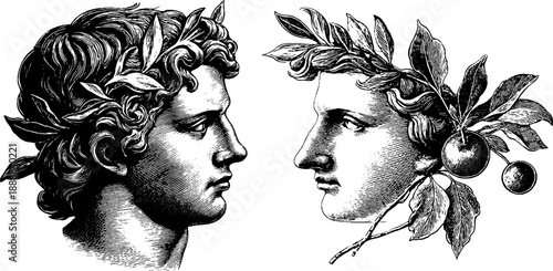 Classical bust wavy hair botanical vintage sketch hand drawn engraving.
