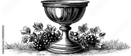 Classical decorative goblet with botanical elements in vintage 19th century engraving style