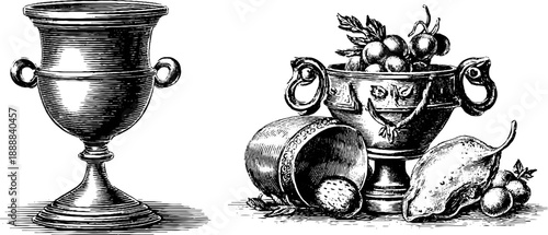 Classical decorative goblet with vintage botanical elements - 19th century engraving design