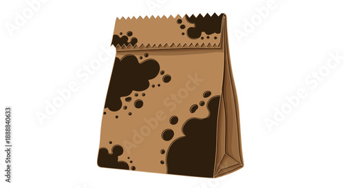 Brown paper bag with oily stains isolated on a clean white background, showcasing messy spill pattern and jagged top edge