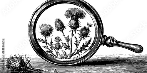 Classical vintage botanical mirror frame design featuring engraved thistle blooms