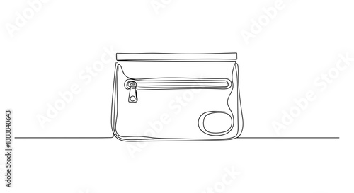 Minimalist line art of a small parts bag, elegantly isolated on a white background, showcasing simple contours and a modern aesthetic