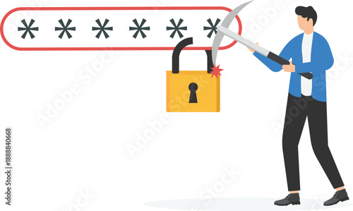 Hacker Attack Concept with Professional Using Pickaxe to Break Into Secure Password Padlock