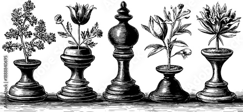 Classical vintage botanical engraving of decorative objects for design inspiration