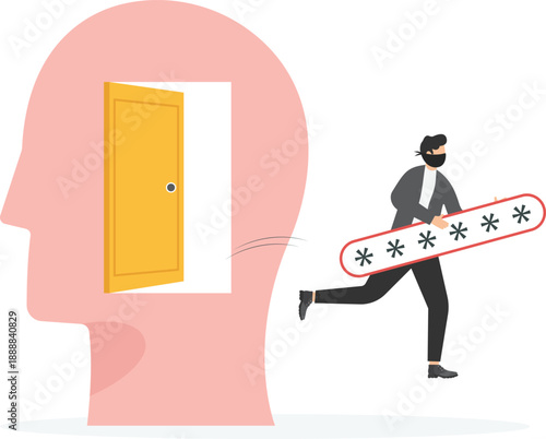 Mind Security Concept with Thief Stealing Secret Password from Human Head Mind Profile