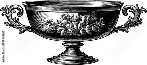 Classical decorative trophy cup featuring vintage botanical engraving design