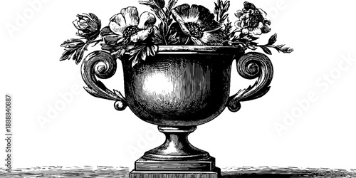 Trophy cup vintage botanical engraving classical decorative floral award design.
