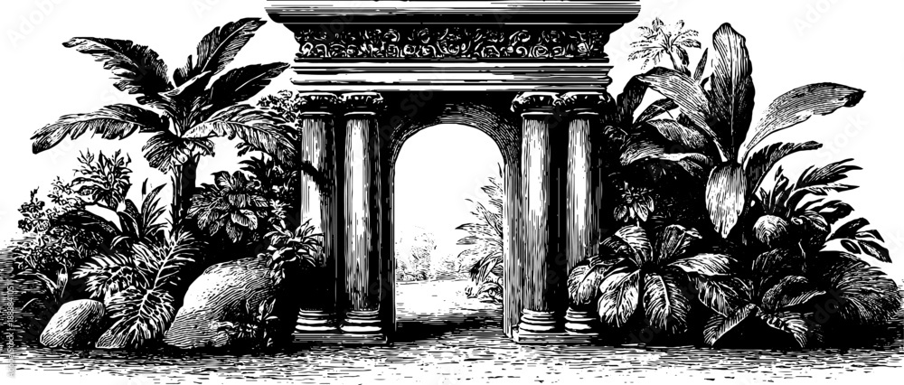 Obraz premium Classical doorway with columns surrounded by lush botanical engraving - vintage architectural illustration