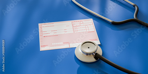 German prescription form with a stethoscope on blue background