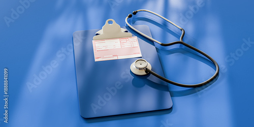 A German prescription form on a clipboard with a stethoscope on blue background
