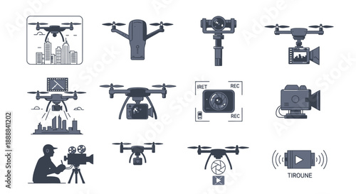 A collection of monochrome icons depicting various aspects of drone technology, aerial photography, videography, and filmmaking equipment, including drones, cameras, and operators.