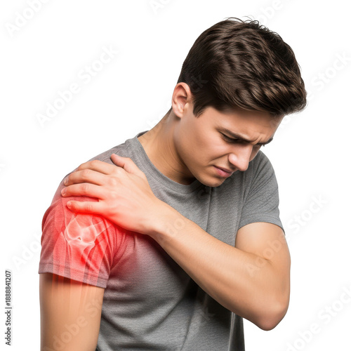 Man suffering from shoulder pain isolated on transparent background isolated on transparent background