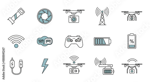A comprehensive set of line icons depicting drone technology, photography equipment, wireless communication, and power indicators.