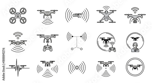 Collection of drone icons with various signal and control representations, illustrating modern unmanned aerial vehicle technology.