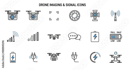 A comprehensive set of drone imaging and signal icons, illustrating various aspects of unmanned aerial vehicles, including cameras, signal strength, battery status, and charging.