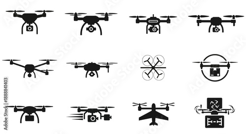 A collection of various drone icons and silhouettes, showcasing different designs and functionalities like photography and delivery.