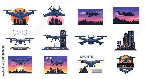 A collection of drone and VTOL aircraft illustrations flying over cityscapes at various times of day, showcasing modern aerial technology and urban mobility concepts.