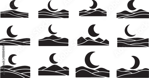 Black and white crescent moon mountain landscape icon set