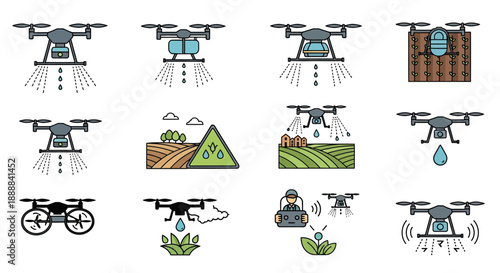 Set of colorful vector icons depicting agricultural drones performing various tasks like spraying, irrigation, and crop monitoring in smart farming.