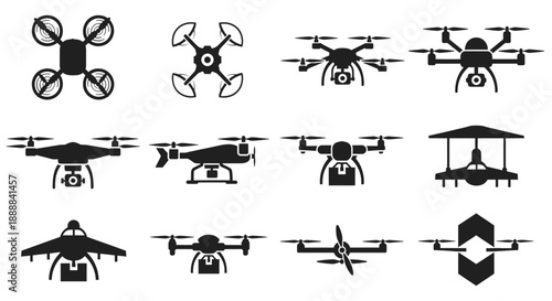 A collection of black and white drone icons and silhouettes, showcasing various designs of unmanned aerial vehicles for technology and aviation.