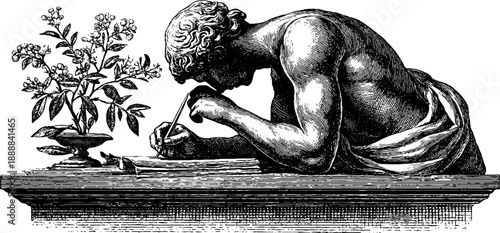 Classical statue with botanical study plate in vintage engraving style for academic art design