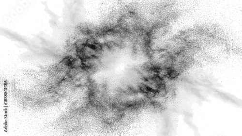 Explosive burst of black particles and dust radiating from center on white background symbolizing energy impact or dramatic collision for high speed photography and motion design assets
