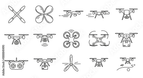Set of minimalist line art icons featuring various drone models, including quadcopters, and different propeller designs, illustrating modern aerial technology.
