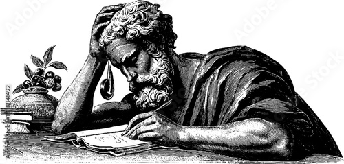 Classical academic study of a thoughtful scholar with vintage botanical accents for art design