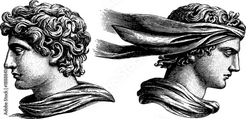 Classical statue with drapery and wind effect - vintage botanical design for art prints