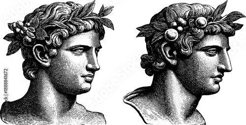 Vintage engraving of classical statue with heroic proportions and botanical elements