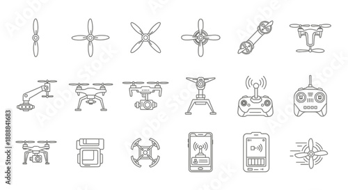 A comprehensive set of line art icons illustrating various drone models, propellers, remote controls, and related technology components.