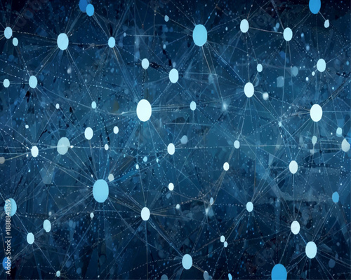 Abstract Futuristic Blue Digital Network Background with Glowing Nodes and Connecting Lines on Dark Space, Representing Big Data, Blockchain, IoT and Advanced Technology