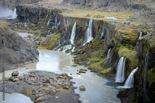 Wallpaper Mural Detail of river valley with multiple massive waterfalls streaming into it, Highlands, Iceland Torontodigital.ca