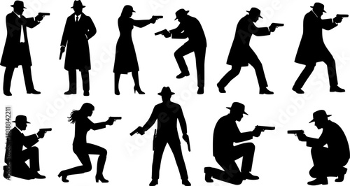 Silhouette collection of secret agent characters with guns, spy action poses, detective figures, female assassin shapes, armed man and woman illustration set vector