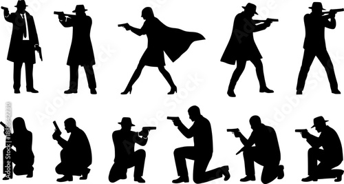 Silhouette collection of secret agent characters with guns, spy action poses, detective figures, female assassin shapes, armed man and woman illustration set vector