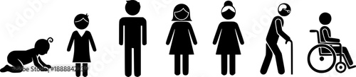 Human Life Stages From Infancy To Old Age Stick Figure Icons Keywords: baby, infant, child, adult, elderly, old age, life cycle
