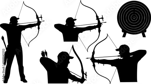Archery silhouettes, bow and arrow sport, archers aiming at target, competitive shooting, precision training, outdoor activity, black vector illustration set