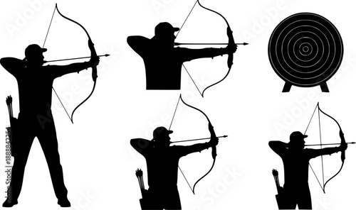 Archery silhouettes, bow and arrow sport, archers aiming at target, competitive shooting, precision training, outdoor activity, black vector illustration set