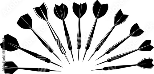 Vector illustration of various dart silhouettes with different flight shapes, black throwing darts icons for sports, game, competition, accuracy, target design