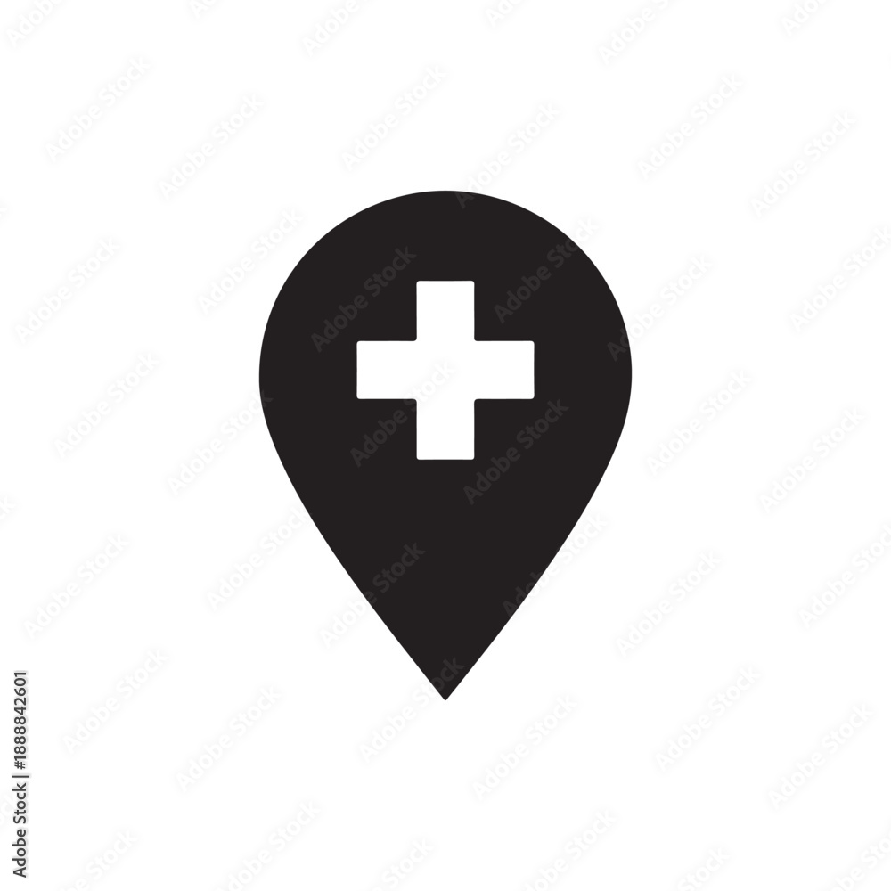 Fototapeta premium Hospital Location Pin Black Vector Icon on white white back